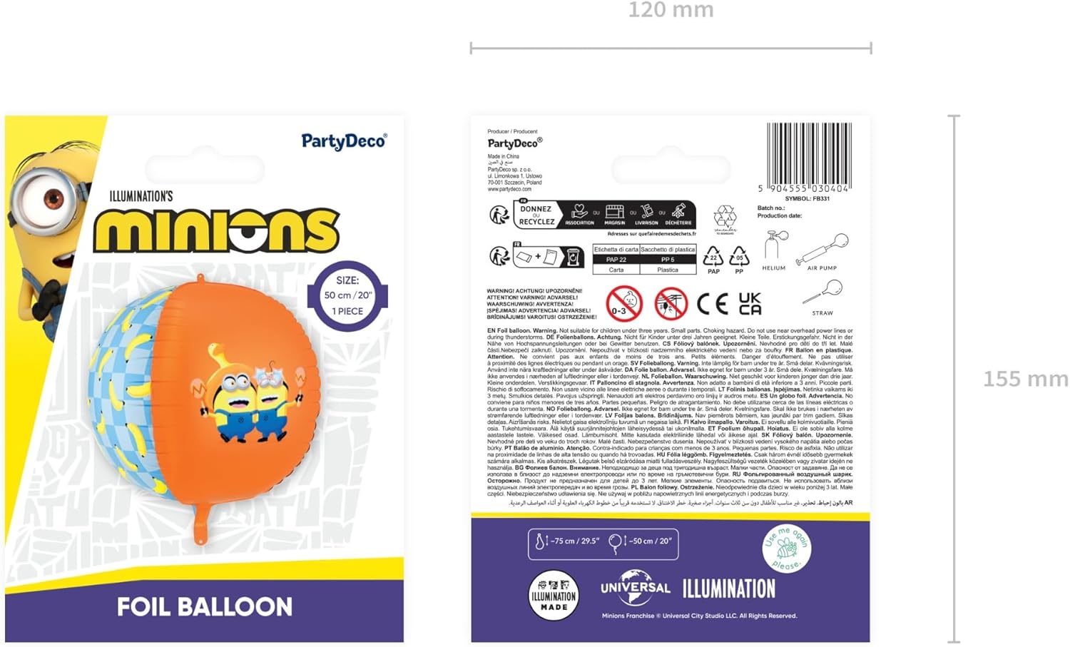 Folienballon Ball mit Minions 75 cm | Runder Minion Luftballon mit Helium oder Luft | Kindergeburtstag Deko | Wiederverwendbar – inkl. Röhrchen