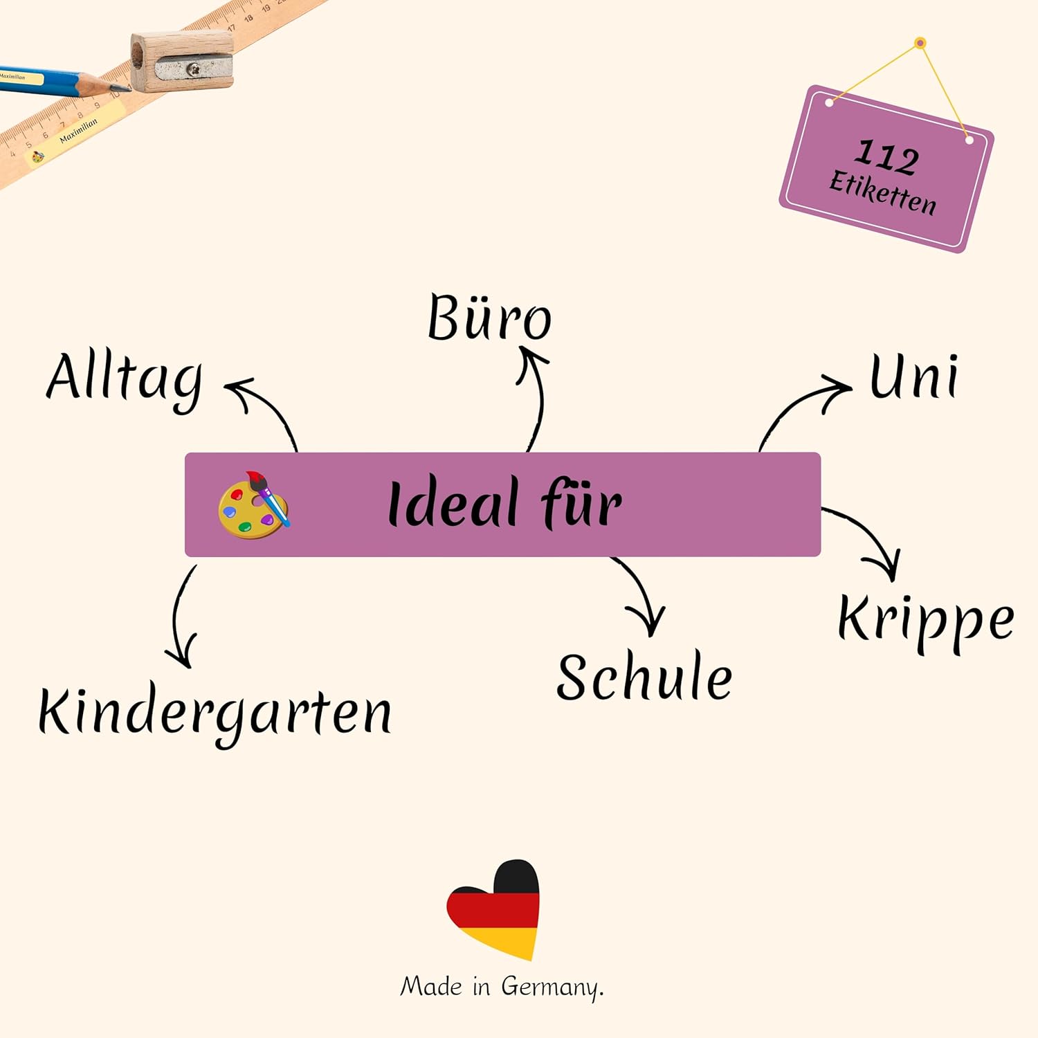 Namensaufkleber für Stifte | 112 Personalisierte Klebeetiketten für Kinder Schule Kita Uni | Namens Etiketten personalisiert | Made in Germany (Beerenlila)