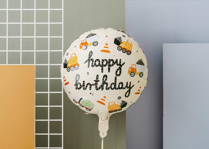 Folienballon Happy Birthday 35cm - Ballon für Helium oder Luft - Luftballon Bagger für Baustelle Kindergeburtstag - Baufahrzeuge Folienluftballon als Geburtstagsdeko - Beige Bunt