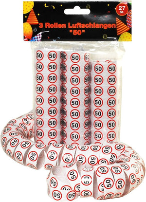 Udo Schmidt Luftschlangen 50. Geburtstag, 27 Stück je Packung, Verkehrsschild-Optik, 3,4 Meter lang, 1,4 cm breit
