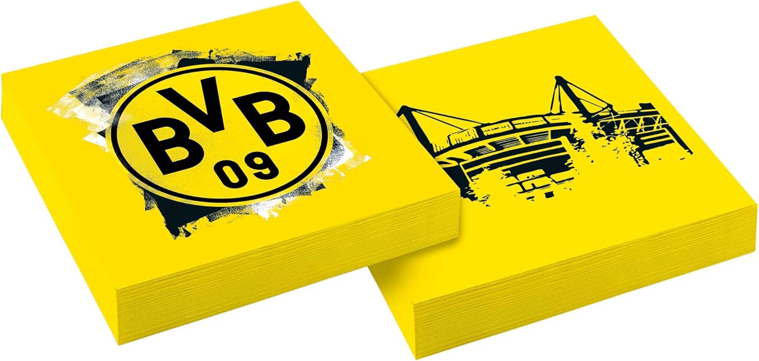 Amscan 9908528 - Servietten BVB, 20 Stück, Größe 33 x 33 cm, Borussia Dortmund, Mundtuch, Einweggeschirr, Fußball, Party, Fan, Geburtstag, Schwarz-gelb