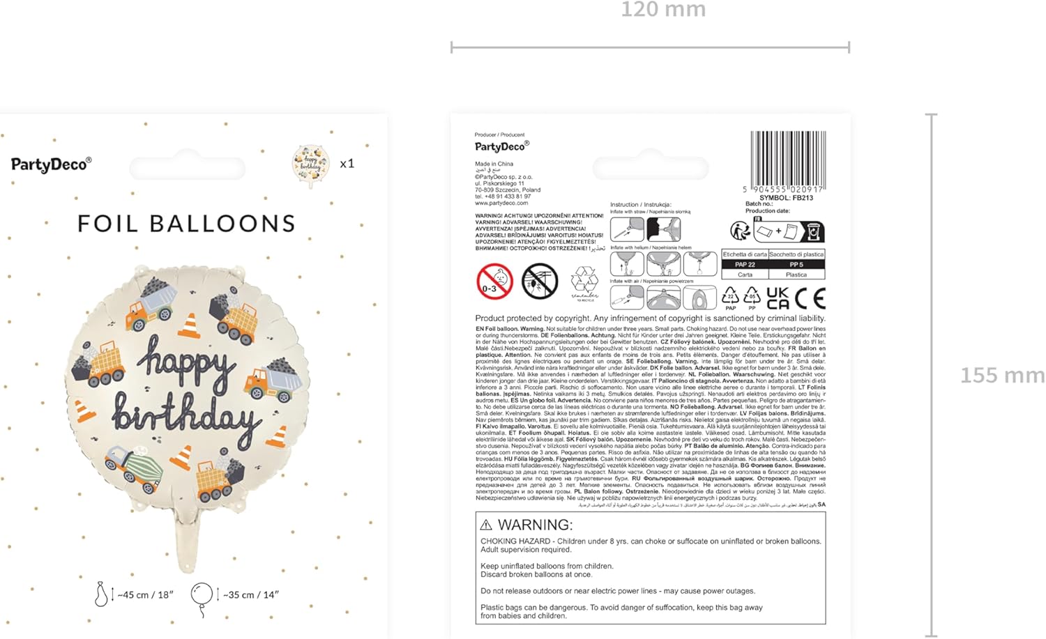 Folienballon Happy Birthday 35cm - Ballon für Helium oder Luft - Luftballon Bagger für Baustelle Kindergeburtstag - Baufahrzeuge Folienluftballon als Geburtstagsdeko - Beige Bunt