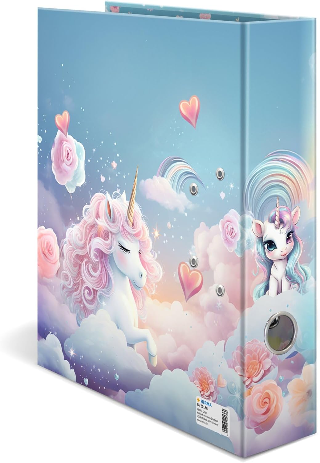 HERMA Ordner A4 Happy Einhorn, 7 cm breit, Ringordner mit Kindergarten Motiv, bunter Aktenordner mit Innendruck für Jungen, Mädchen und Kinder