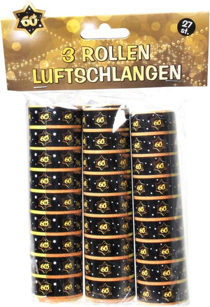 Udo Schmidt 13008 - Luftschlangen aus Papier 3 Rollen je 9 Stück - schwarz / gold - Zahl: 60 Geburtstag