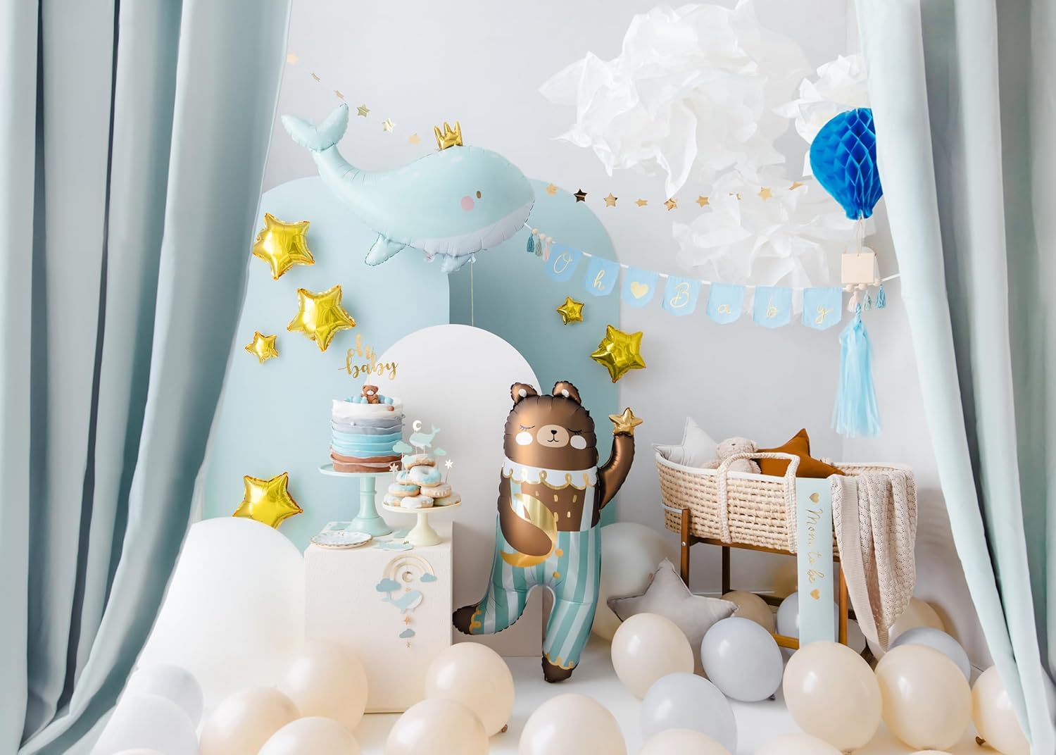 PartyDeco Folienballon Wal mit Krone 78x50cm - XXL Ballon für Helium oder Luft - Luftballon zur Geburt Babyparty Baby Shower Junge Mädchen Geburtstag - Folienluftballon als Geburtstagsdeko - Hellblau