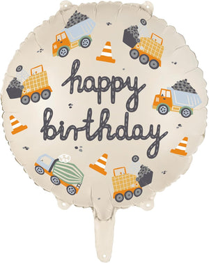 Folienballon Happy Birthday 35cm - Ballon für Helium oder Luft - Luftballon Bagger für Baustelle Kindergeburtstag - Baufahrzeuge Folienluftballon als Geburtstagsdeko - Beige Bunt
