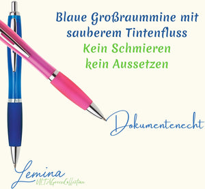 Kugelschreiber ergonomisch | 10 Stück | Hochwertige Tinte in Blau | Für Büro Schule und Haushalt | Transparent (Pink)
