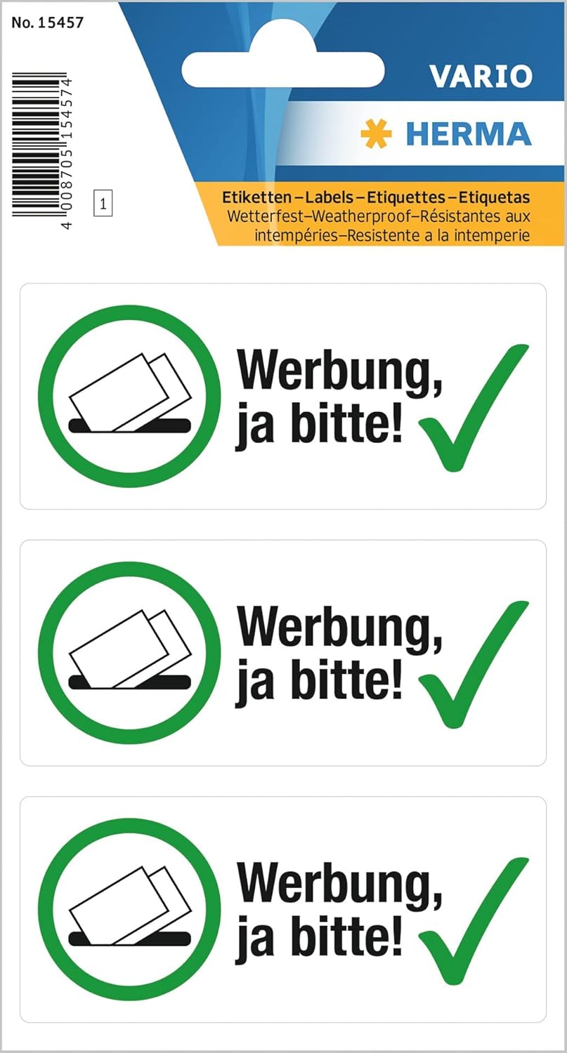 HERMA 15457 Werbung ja bitte Aufkleber wetterfest, 3 Stück, 79 x 34 mm, selbstklebend, groß, kostenlose Zeitungen und Reklame im Briefkasten erwünscht Etiketten Schild aus langlebiger Folie, weiß