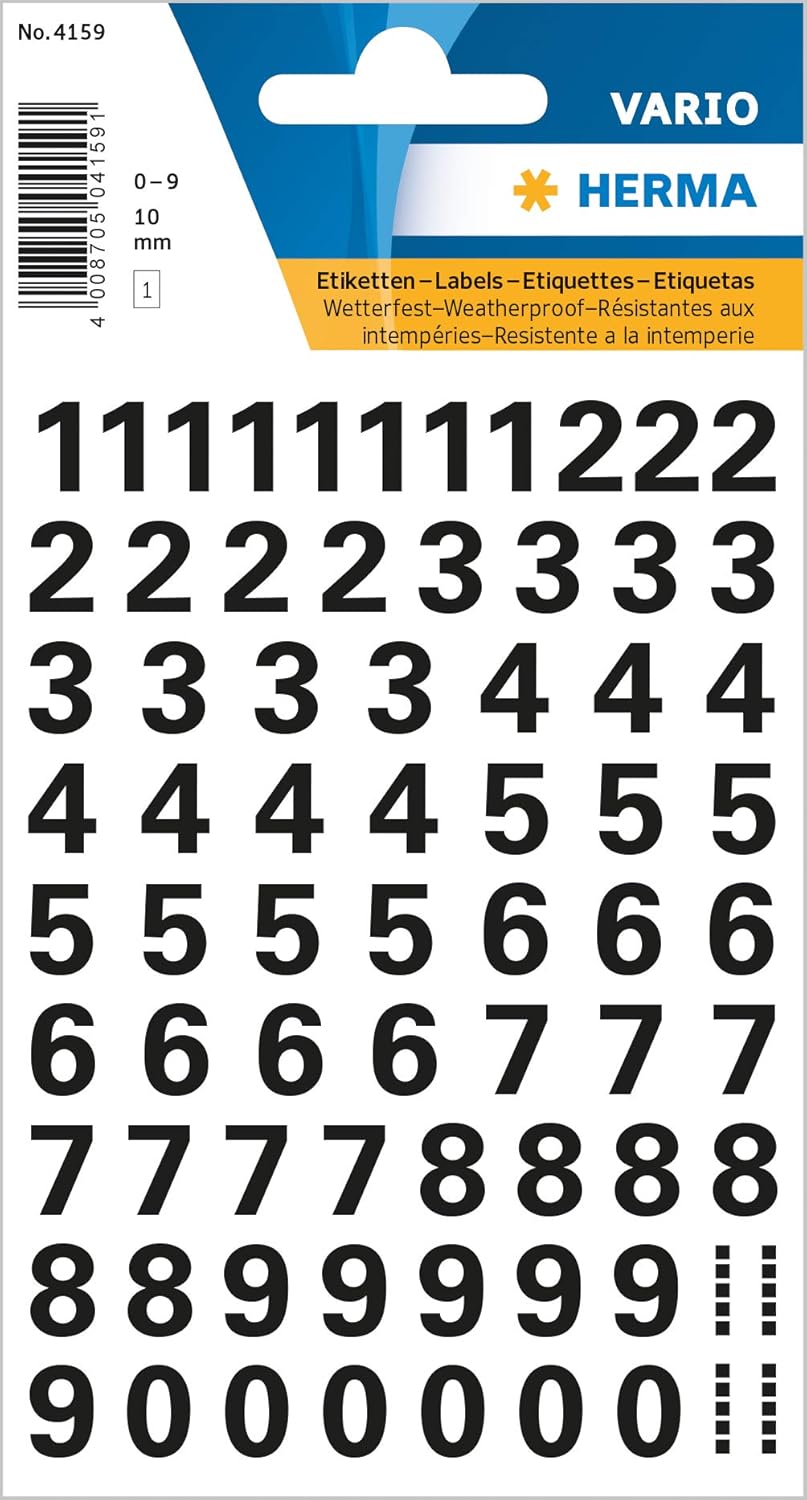 HERMA 4159 Zahlen Aufkleber schwarz 0-9, 71 Stück, Schriftgröße 10 mm, selbstklebend, wetterfest, klein, Nummer Ziffer Klebezahlen Sticker Hausnummern aus Folie zum Aufkleben, transparent