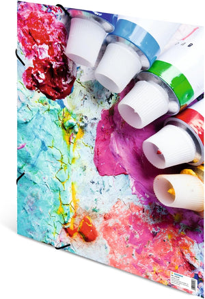 HERMA Sammelmappen A3 Farben Set, 3 Stück, Kinder Eckspanner-Mappen aus Pappe mit Kunst Motiv, Gummizug, Innenklappen und Innendruck für Jungen und Mädchen