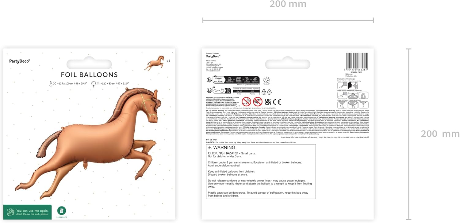 Folienballon Pferd – 125 x 100 cm – Farbmix – Für Luft & Helium – Wiederverwendbar – mit Strohhalm