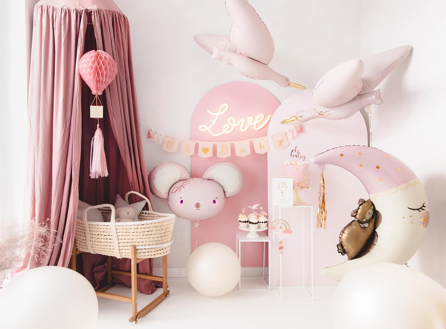 PartyDeco Folienballon Maus 75x46cm - XXL Ballon für Helium oder Luft - Luftballon zur Geburt Babyparty Baby Shower Mädchen Geburtstag - Folienluftballon als Geburtstagsdeko - Hellrosa