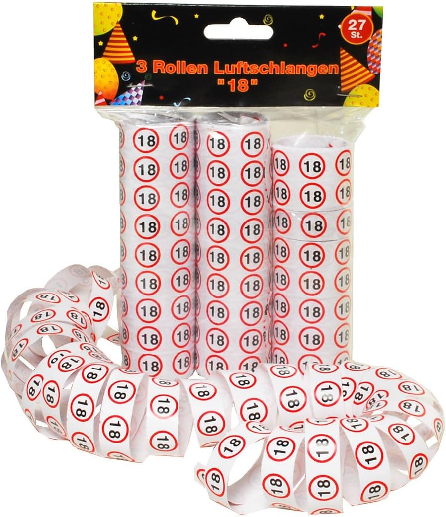 Udo Schmidt 11479 Luftschlangen-3 Rollen je 9 STK. -Verkehrszeichen, Zahl 18