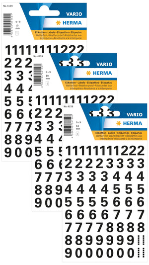 HERMA 4159 Zahlen Aufkleber schwarz 0-9, 71 Stück, Schriftgröße 10 mm, selbstklebend, wetterfest, klein, Nummer Ziffer Klebezahlen Sticker Hausnummern aus Folie zum Aufkleben, transparent