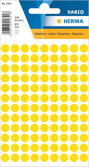 HERMA 1841 Punktaufkleber Klebepunkte gelb, 540 Stück, Ø 8 mm, 108 pro Bogen, selbstklebend, Markierungspunkte für Kalender Planer Basteln, matt, blanko Papier Farbpunkte Etiketten Aufkleber