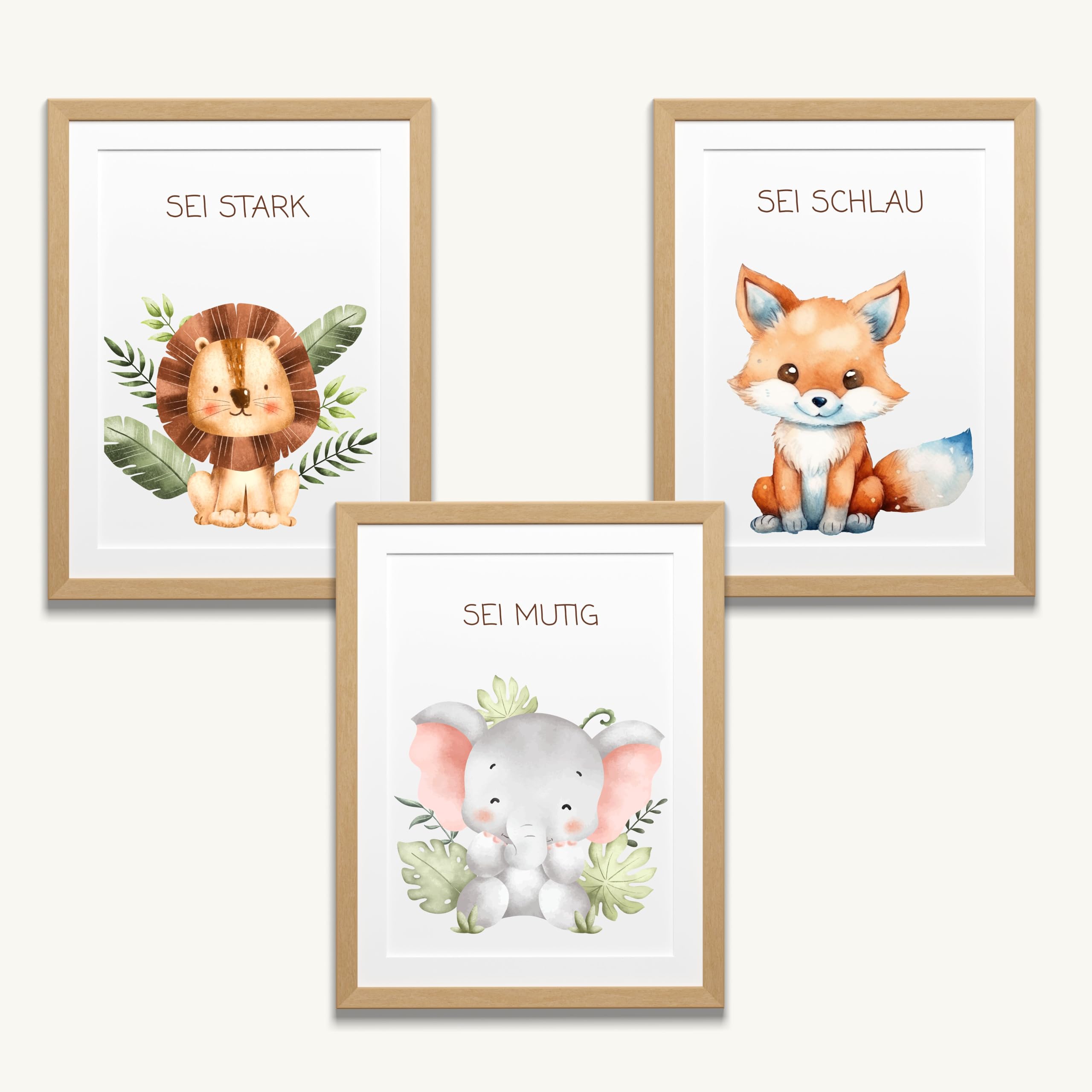 Lemina Affirmationsposter Kinder Bilder Kinderzimmer DIN A4 (21x30cm) Poster 3er Set Wanddeko Babyzimmer Deko Tierbilder (Frech Wild Wunderbar)