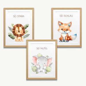 Lemina Affirmationsposter Kinder Bilder Kinderzimmer DIN A4 (21x30cm) Poster 3er Set Wanddeko Babyzimmer Deko Tierbilder (Frech Wild Wunderbar)