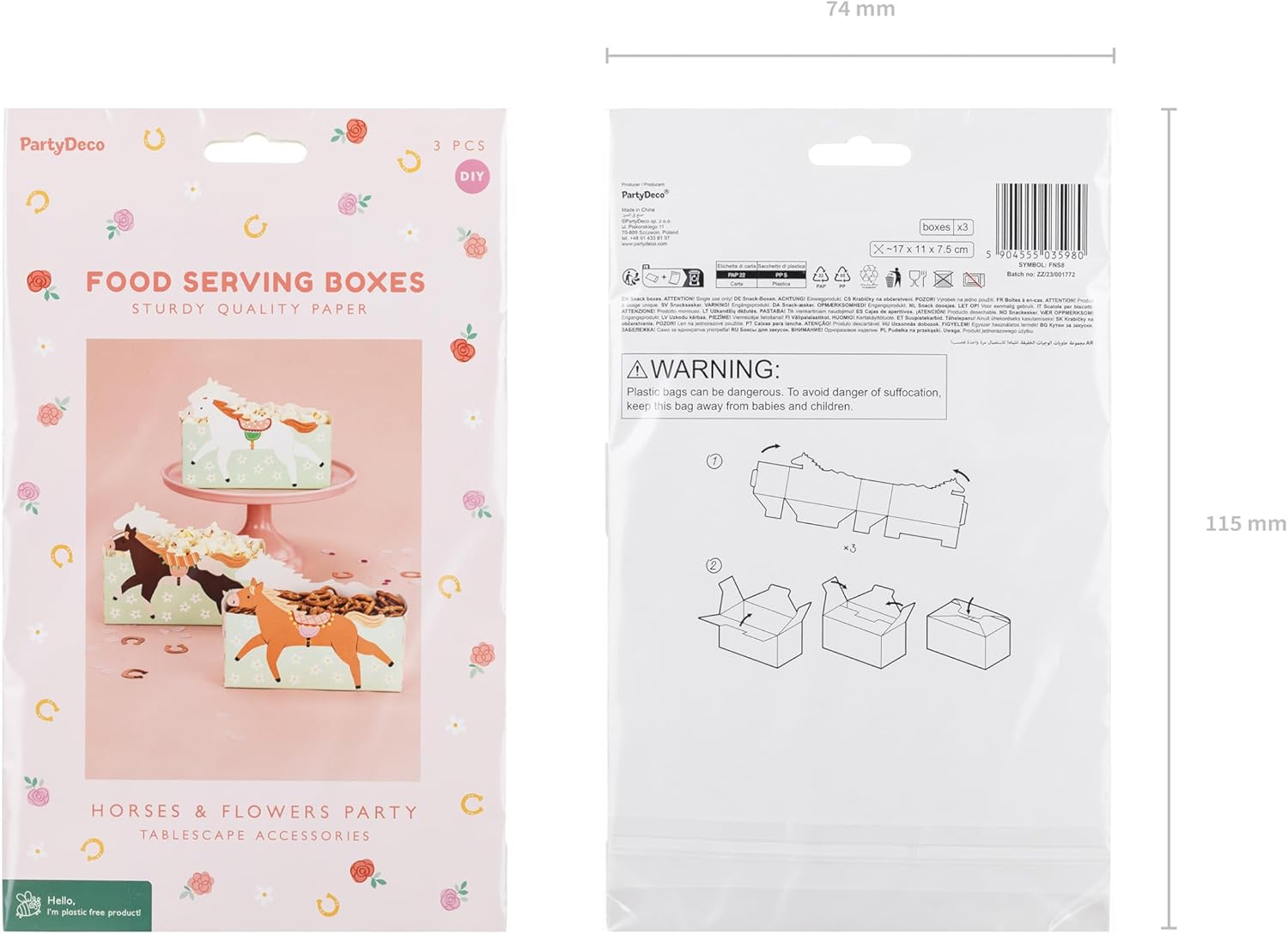 Snackbox Kinder 17x11x7cm 3er Set - Fingerfood Schalen mit Pferde Motiv - Candy Bar & Salty Bar Boxen für Süßigkeiten und Party Snacks - Kindergeburtstag Deko & Partyzubehör - Grün Braun