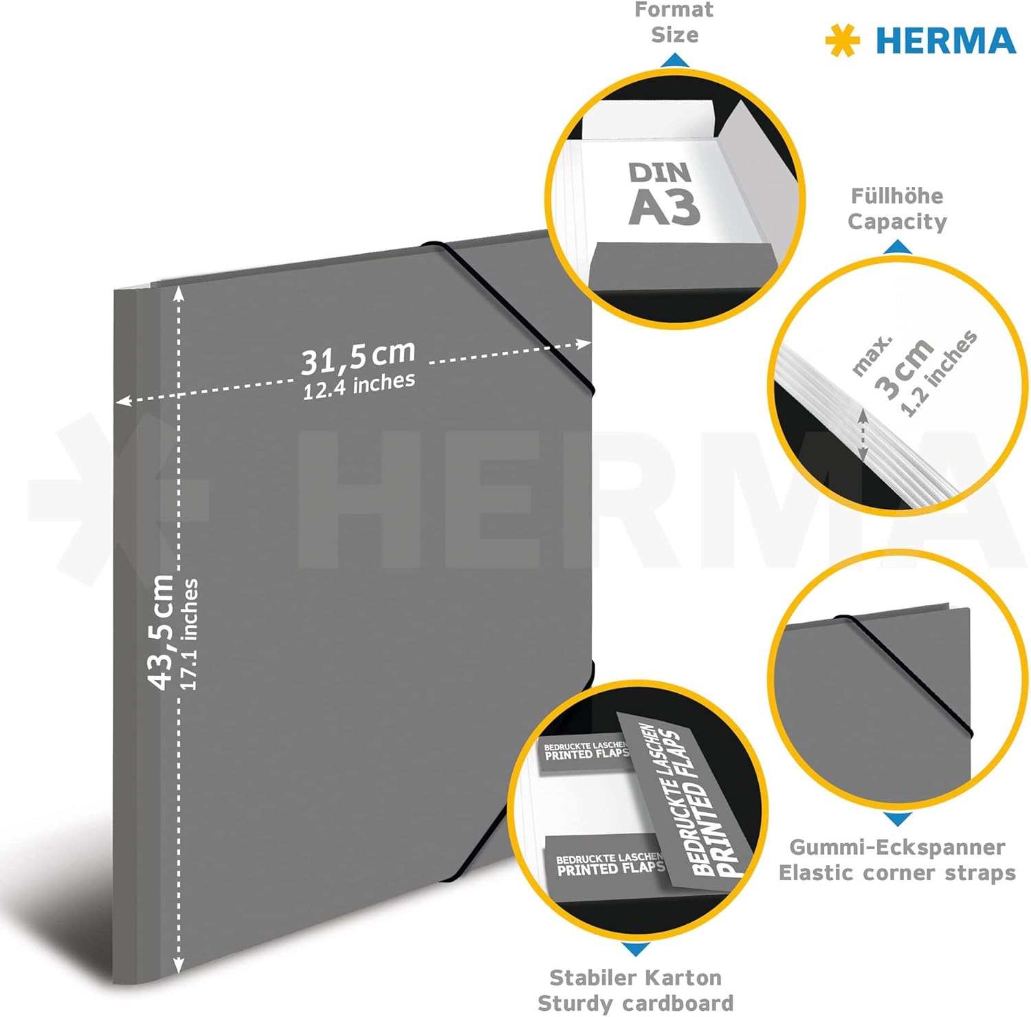 HERMA Sammelmappen A3 Farben Set, 3 Stück, Kinder Eckspanner-Mappen aus Pappe mit Kunst Motiv, Gummizug, Innenklappen und Innendruck für Jungen und Mädchen