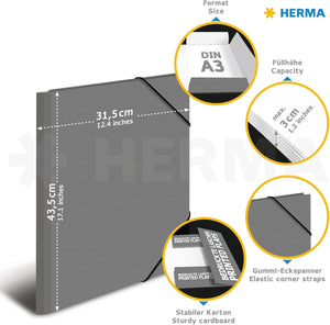 HERMA Sammelmappen A3 Farben Set, 3 Stück, Kinder Eckspanner-Mappen aus Pappe mit Kunst Motiv, Gummizug, Innenklappen und Innendruck für Jungen und Mädchen