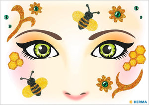 HERMA 15304 Face Art Sticker Bienen Blumen, dermatologisch getestet, ablösbare Glitzer Gesicht Aufkleber, temporäre Tattoos für Karneval Fasching Halloween Festival Kinder Geburtstag, gelb orange