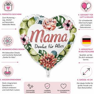 Herz Folienballon * MAMA - DANKE FÜR ALLES * als Deko für Muttertag | Größe: 43cm | Partydeko Luftballon Ballon Geschenk