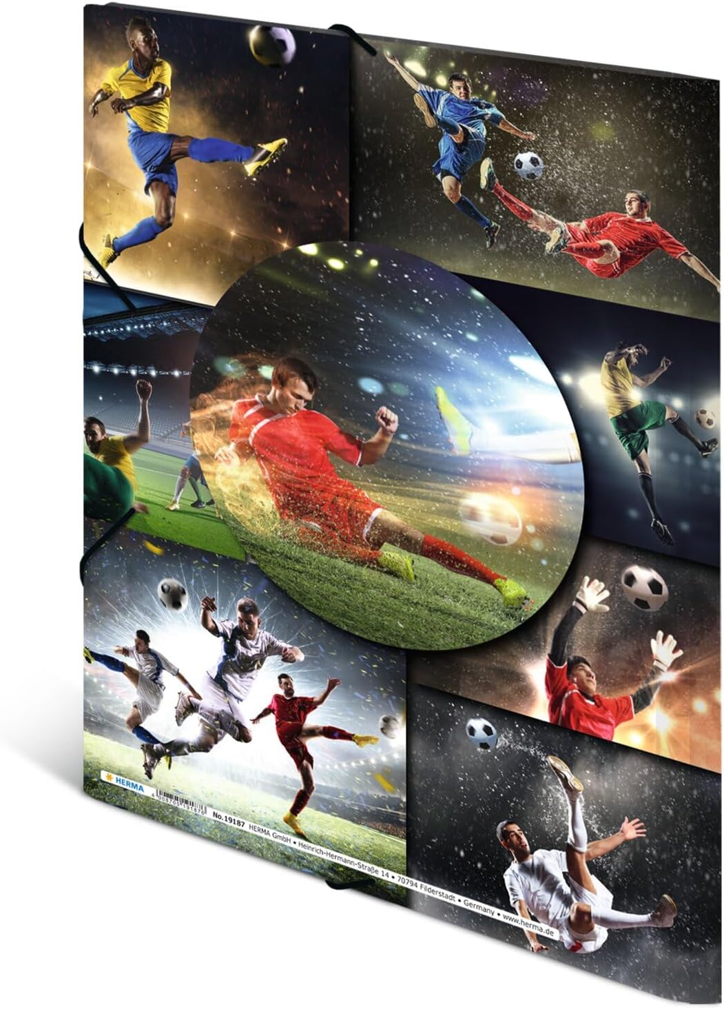 HERMA Sammelmappe A4 Fussball, Kinder Eckspanner-Mappe aus Kunststoff mit Sport Motiv, Gummizug, Innenklappen und Innendruck für Jungen und Mädchen