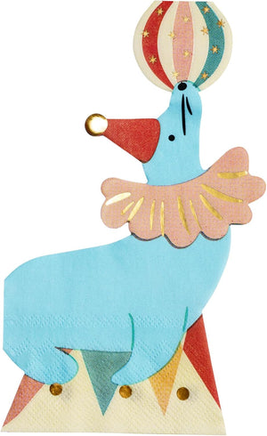 Servietten Papier 21x33cm Seehund mit Ball 12 Stück - Einweg Partyservietten 2-lagig - Papierservietten für Kindergeburtstag - Deko Zirkus Party - Motivservietten Gastronomie Alltag - Blau Rot