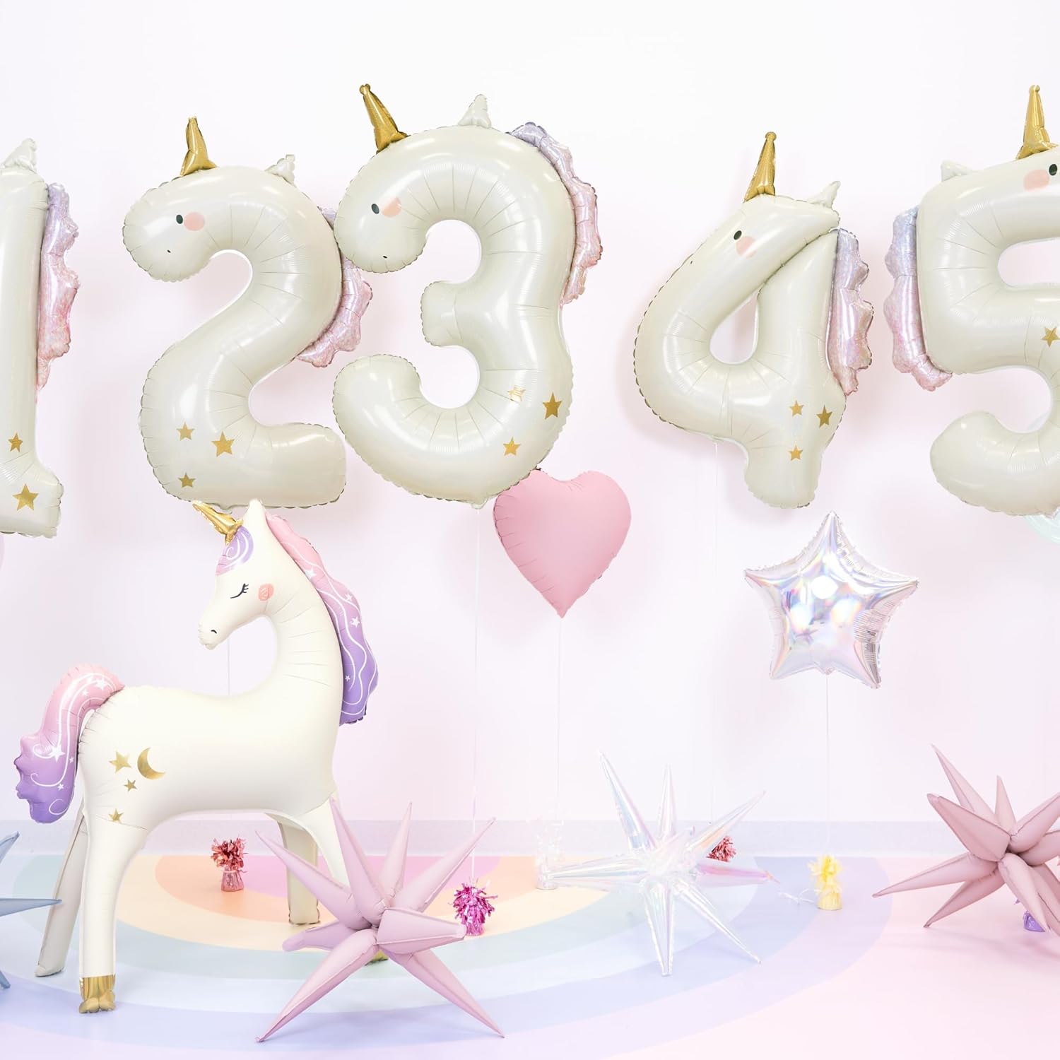 Folienballon Einhorn Ziffer 4-93cm - Luftballon für Helium oder Luft - Kunststoffballon für Kindergeburtstag Kinderparty Babyfeier - Ballon für Feste - Weiß Gold Pink