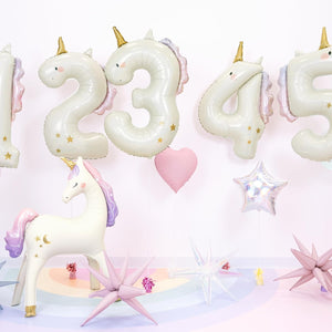 Folienballon Einhorn Ziffer 4-93cm - Luftballon für Helium oder Luft - Kunststoffballon für Kindergeburtstag Kinderparty Babyfeier - Ballon für Feste - Weiß Gold Pink