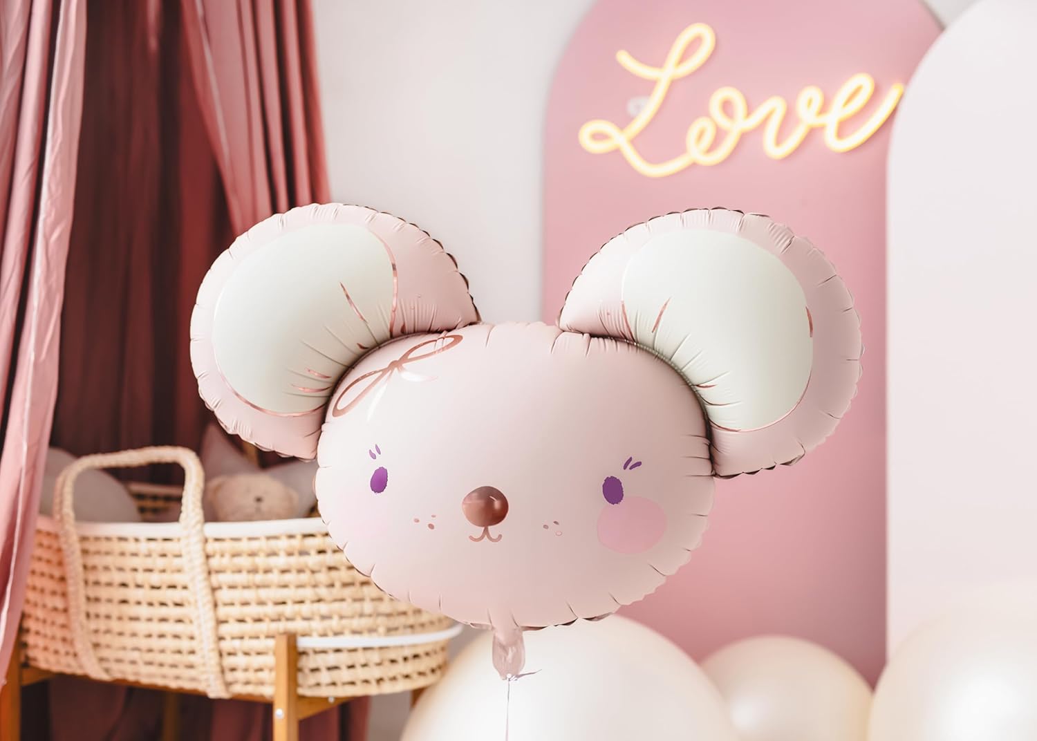 PartyDeco Folienballon Maus 75x46cm - XXL Ballon für Helium oder Luft - Luftballon zur Geburt Babyparty Baby Shower Mädchen Geburtstag - Folienluftballon als Geburtstagsdeko - Hellrosa