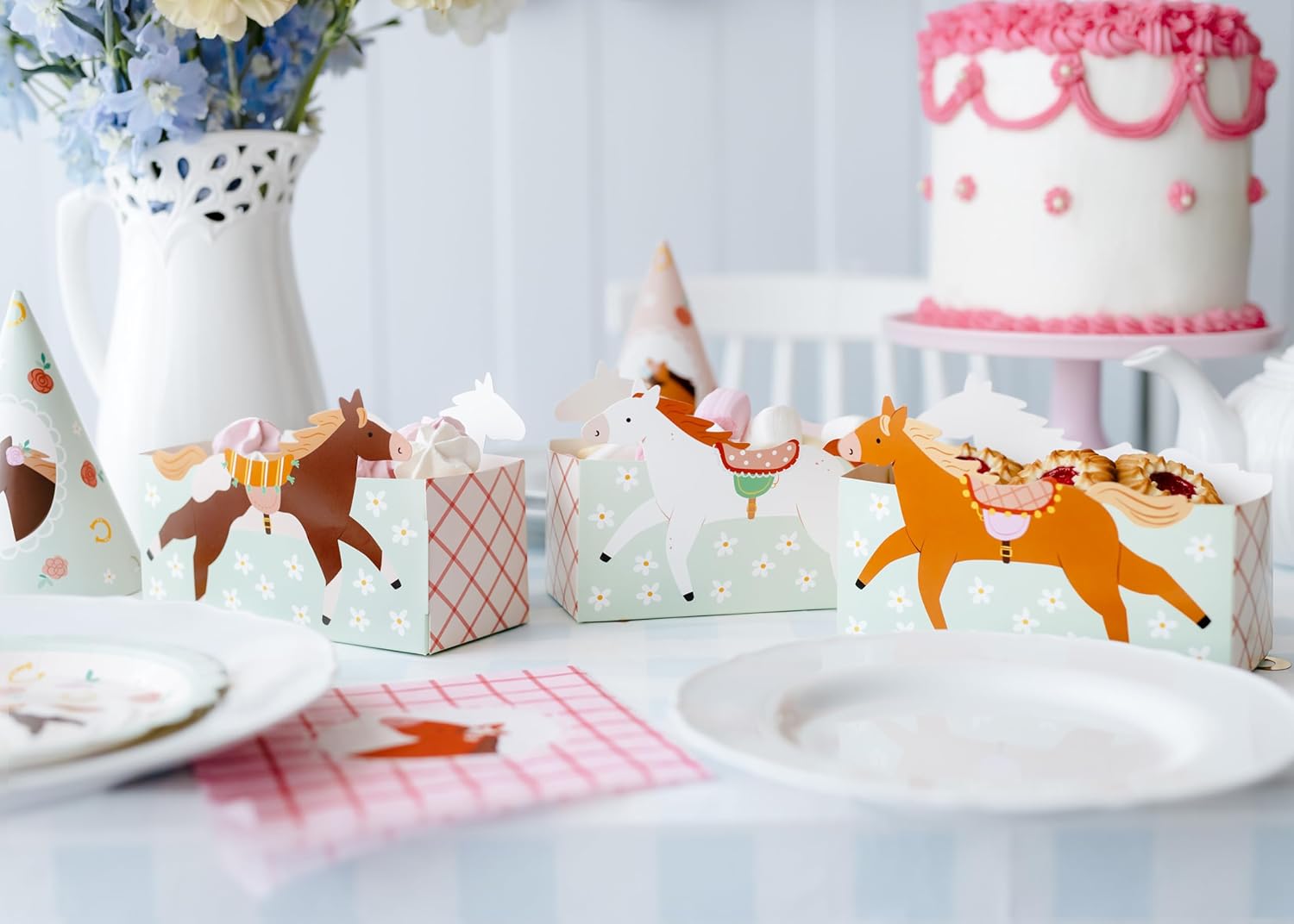 Snackbox Kinder 17x11x7cm 3er Set - Fingerfood Schalen mit Pferde Motiv - Candy Bar & Salty Bar Boxen für Süßigkeiten und Party Snacks - Kindergeburtstag Deko & Partyzubehör - Grün Braun