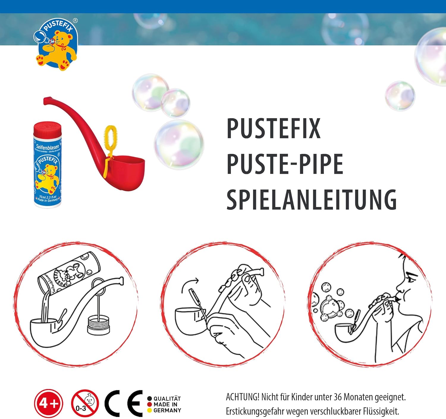 PUSTEFIX Puste-Pipe I 70 ml Seifenblasenwasser I Bunte Bubbles Made in Germany I Seifenblasen Spielzeug für Kindergeburtstag, Polterabend, Sommerparty & Hochzeit I Pfeife für Kinder & Erwachsene