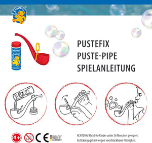 PUSTEFIX Puste-Pipe I 70 ml Seifenblasenwasser I Bunte Bubbles Made in Germany I Seifenblasen Spielzeug für Kindergeburtstag, Polterabend, Sommerparty & Hochzeit I Pfeife für Kinder & Erwachsene