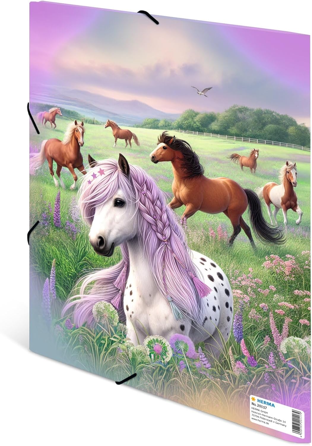 HERMA Sammelmappe A4 Pferdewelt, Eckspanner-Mappe aus Pappe mit Kindergarten Motiv, Gummizug, Innenklappen und Innendruck für Jungen, Mädchen und Kinder