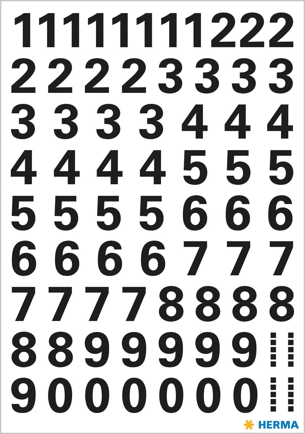 HERMA 4159 Zahlen Aufkleber schwarz 0-9, 71 Stück, Schriftgröße 10 mm, selbstklebend, wetterfest, klein, Nummer Ziffer Klebezahlen Sticker Hausnummern aus Folie zum Aufkleben, transparent