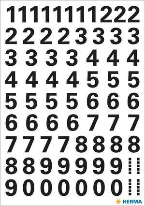 HERMA 4159 Zahlen Aufkleber schwarz 0-9, 71 Stück, Schriftgröße 10 mm, selbstklebend, wetterfest, klein, Nummer Ziffer Klebezahlen Sticker Hausnummern aus Folie zum Aufkleben, transparent