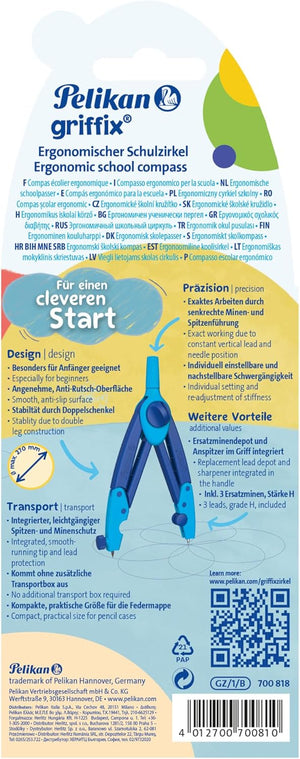 Pelikan griffix Schul-Zirkel, 150mm, mit Ersatzminen, Anspitzer und Spitzenschutz, blau, 1 Stück