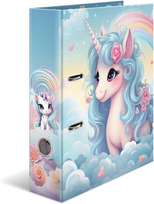 HERMA Ordner A4 Happy Einhorn, 7 cm breit, Ringordner mit Kindergarten Motiv, bunter Aktenordner mit Innendruck für Jungen, Mädchen und Kinder
