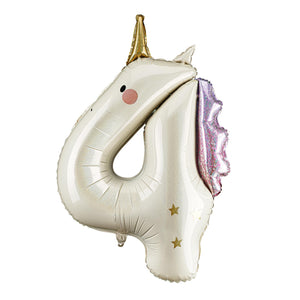 Folienballon Einhorn Ziffer 4-93cm - Luftballon für Helium oder Luft - Kunststoffballon für Kindergeburtstag Kinderparty Babyfeier - Ballon für Feste - Weiß Gold Pink