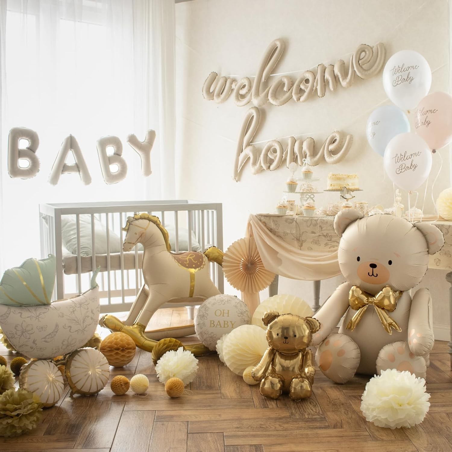 Folienballon Bär – 84 cm – Creme mit goldener Schleife – Luftfüllung – Stehender Ballon für Baby Shower & Kinderpartys