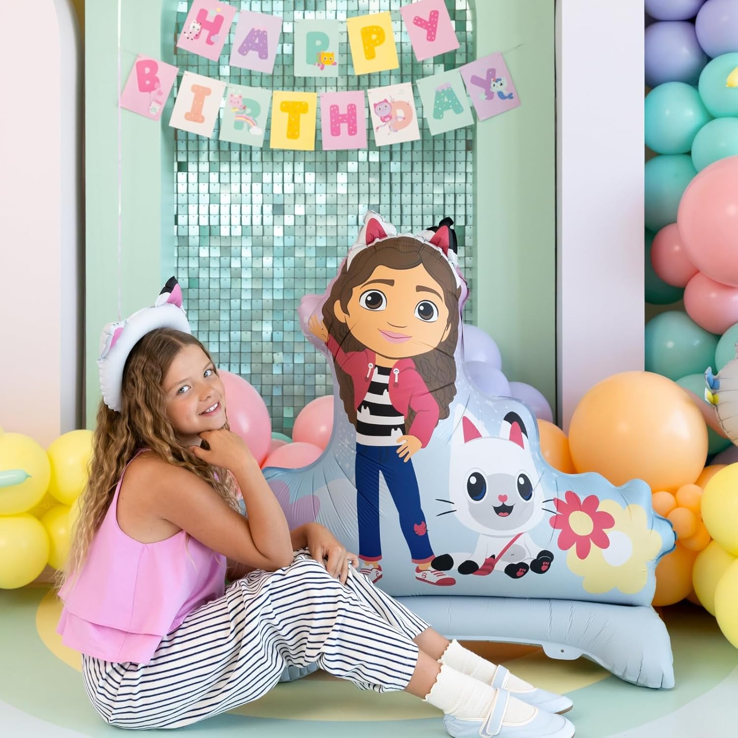 Folienballon Gabby's Dollhouse 92x90,5cm stehend - Ballon für Luft - Kindergeburtstag Mädchen Partydeko - Folienluftballon Geburtstagsdeko - Blau Rosa
