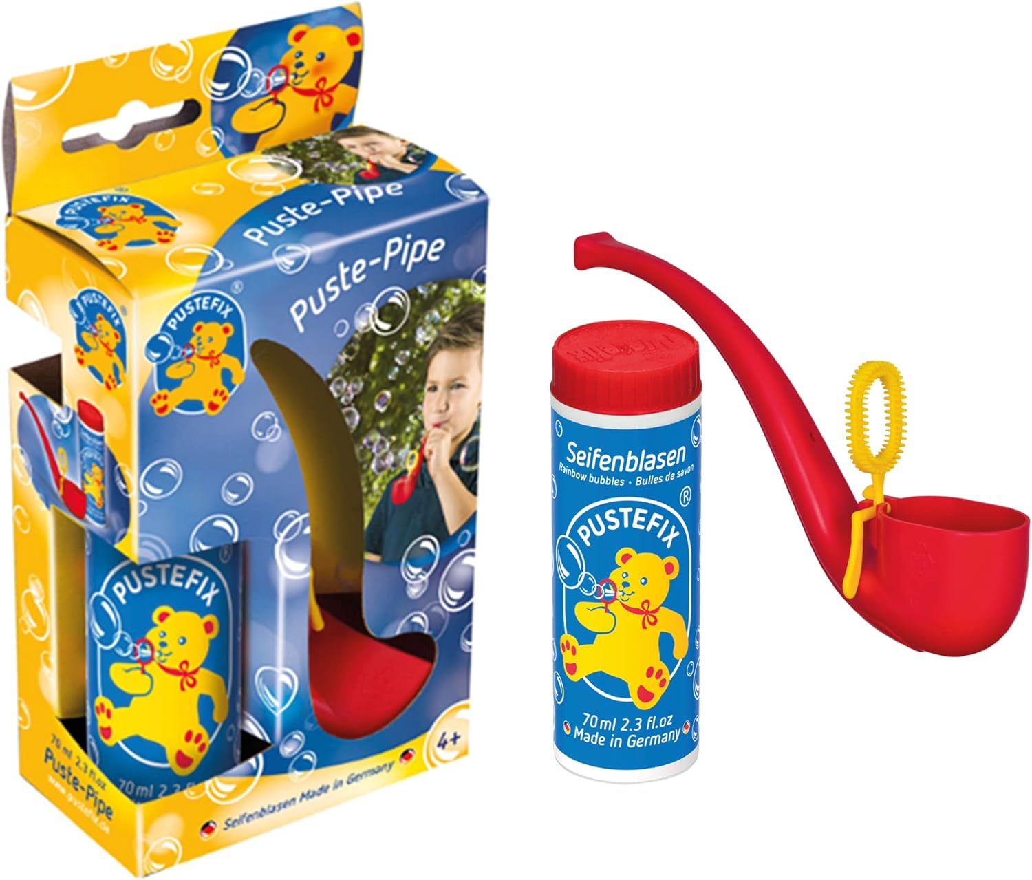 PUSTEFIX Puste-Pipe I 70 ml Seifenblasenwasser I Bunte Bubbles Made in Germany I Seifenblasen Spielzeug für Kindergeburtstag, Polterabend, Sommerparty & Hochzeit I Pfeife für Kinder & Erwachsene