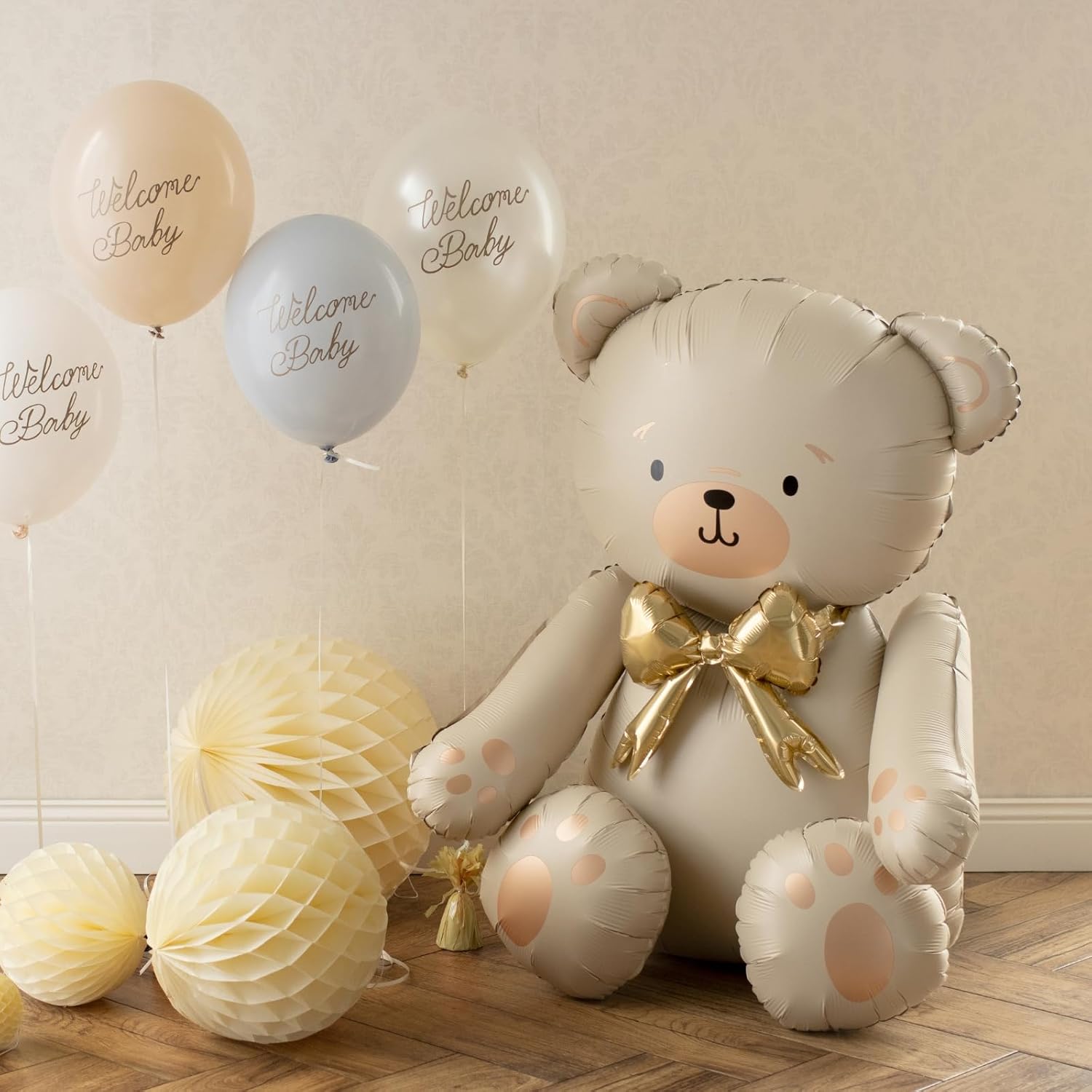 Folienballon Bär – 84 cm – Creme mit goldener Schleife – Luftfüllung – Stehender Ballon für Baby Shower & Kinderpartys