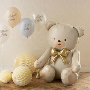 Folienballon Bär – 84 cm – Creme mit goldener Schleife – Luftfüllung – Stehender Ballon für Baby Shower & Kinderpartys