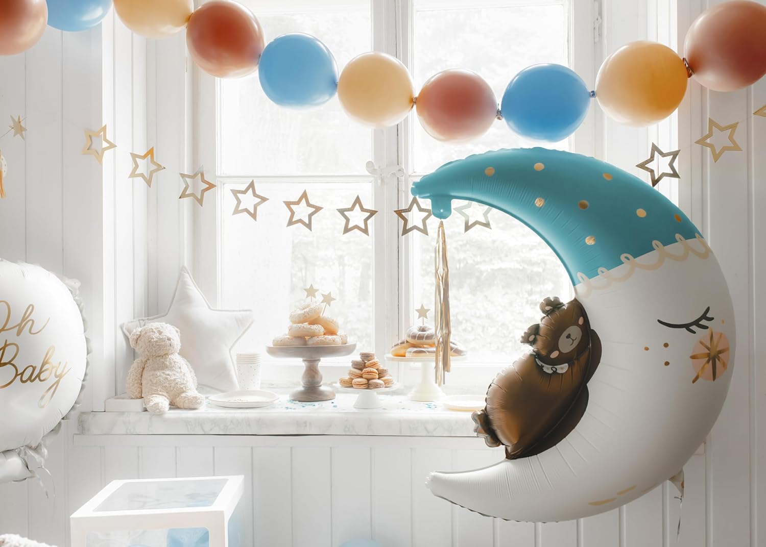 Shape Folienballon "Teddybär auf dem Mond" Blau | 80 x 98cm