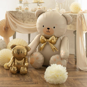 Folienballon Bär – 84 cm – Creme mit goldener Schleife – Luftfüllung – Stehender Ballon für Baby Shower & Kinderpartys