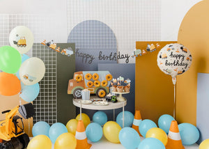 Folienballon Happy Birthday 35cm - Ballon für Helium oder Luft - Luftballon Bagger für Baustelle Kindergeburtstag - Baufahrzeuge Folienluftballon als Geburtstagsdeko - Beige Bunt