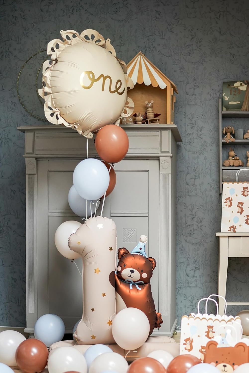 Folienballon Ziffer 1 mit Bär 81x72cm stehend mit Luftfüllung - Ballon mit Standfuß - Luftballon für 1. Geburtstag Kindergeburtstag - Folienluftballon als Geburtstagsdeko Partydeko