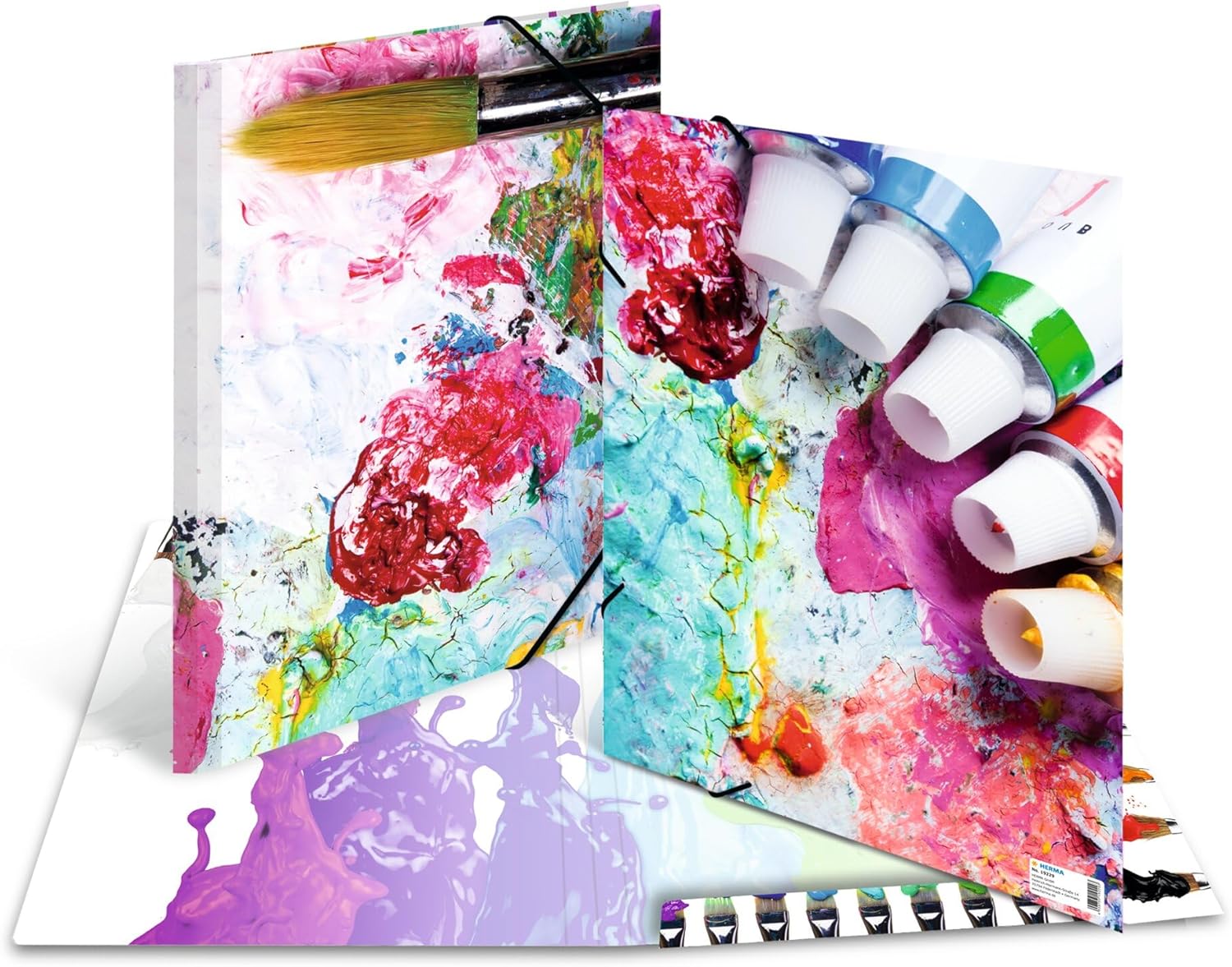 HERMA Sammelmappen A3 Farben Set, 3 Stück, Kinder Eckspanner-Mappen aus Pappe mit Kunst Motiv, Gummizug, Innenklappen und Innendruck für Jungen und Mädchen